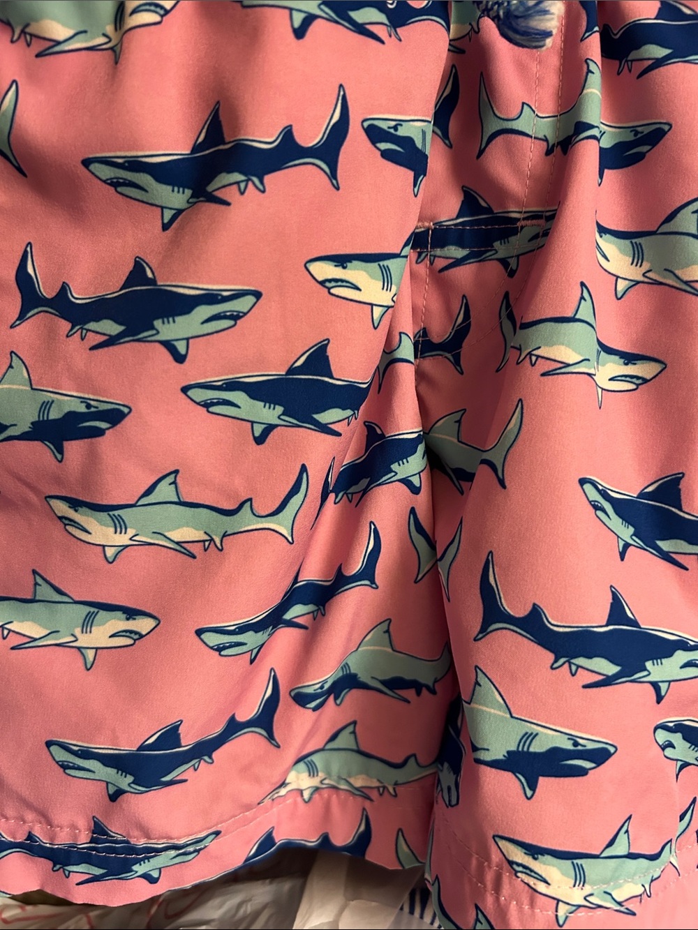 Boys Sizr 6/7 Pink Swim trunks with Blue Sharks. Nice lined with pockets EUC